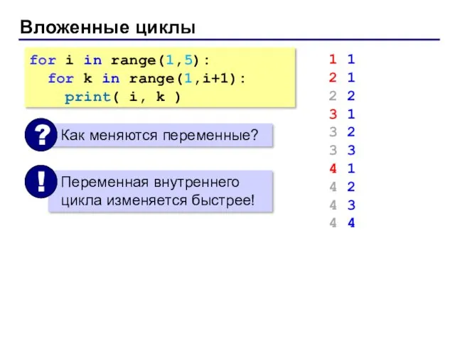 Вложенные циклы for i in range(1,5): for k in range(1,i+1): print( i, k