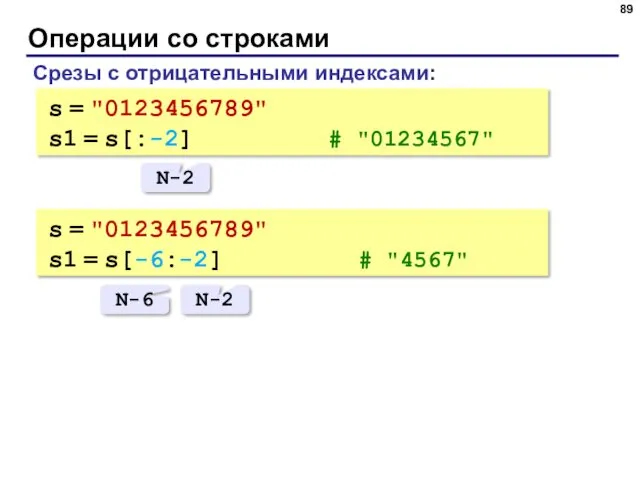 Операции со строками Срезы с отрицательными индексами: s = "0123456789" s1 = s[:-2]