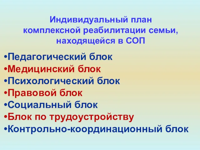 Индивидуальный план комплексной реабилитации семьи, находящейся в СОП Педагогический блок Медицинский блок Психологический