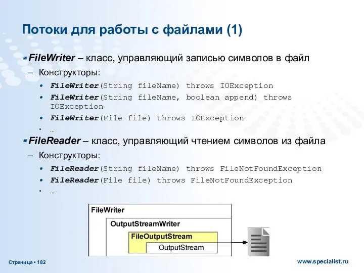 Потоки для работы с файлами (1) FileWriter – класс, управляющий