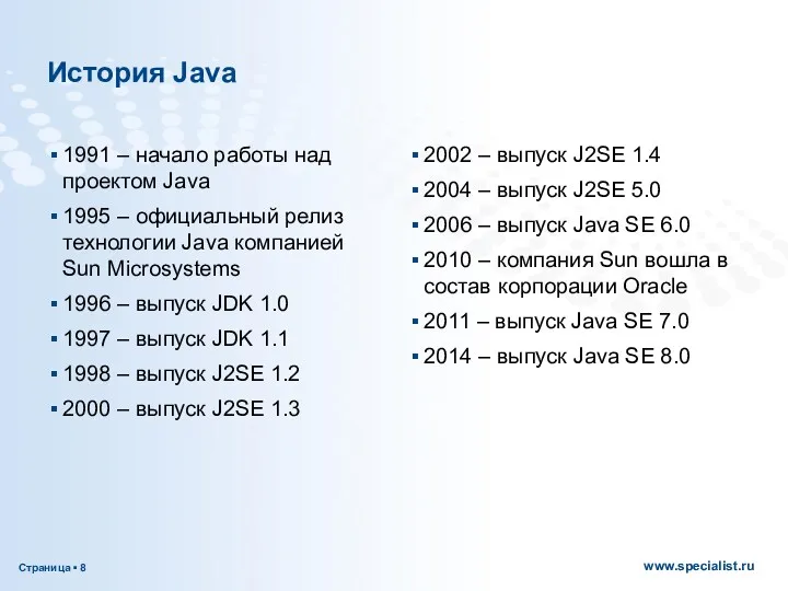 История Java 1991 – начало работы над проектом Java 1995