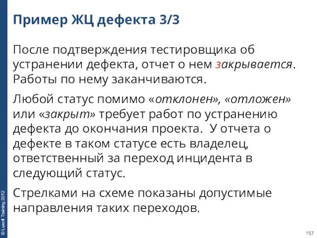 Пример ЖЦ дефекта 3/3 После подтверждения тестировщика об устранении дефекта,