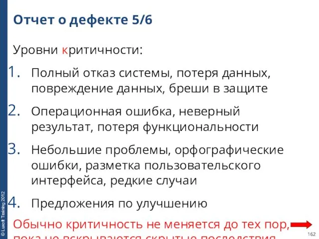 Отчет о дефекте 5/6 Уровни критичности: Полный отказ системы, потеря