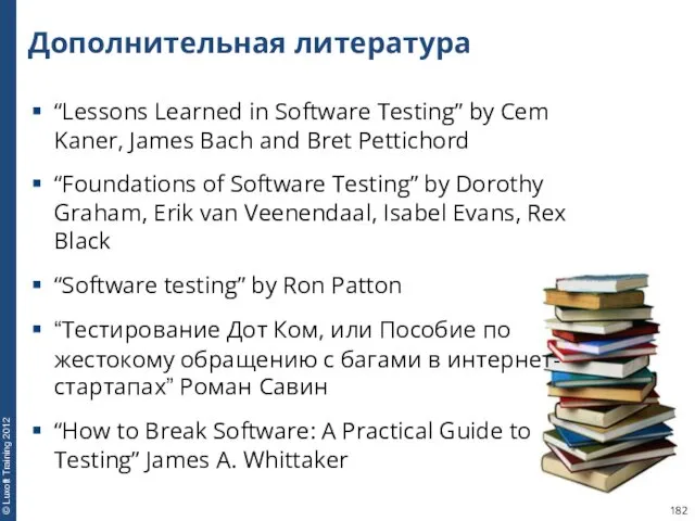 Дополнительная литература “Lessons Learned in Software Testing” by Cem Kaner,