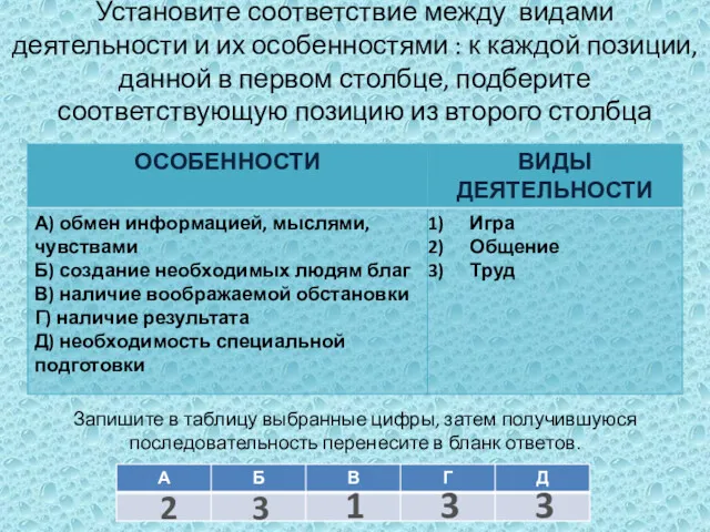 Установите соответствие между видами деятельности и их особенностями : к