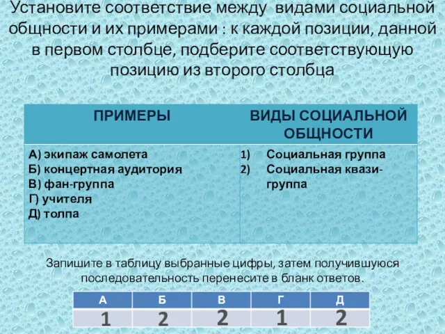 Установите соответствие между видами социальной общности и их примерами :