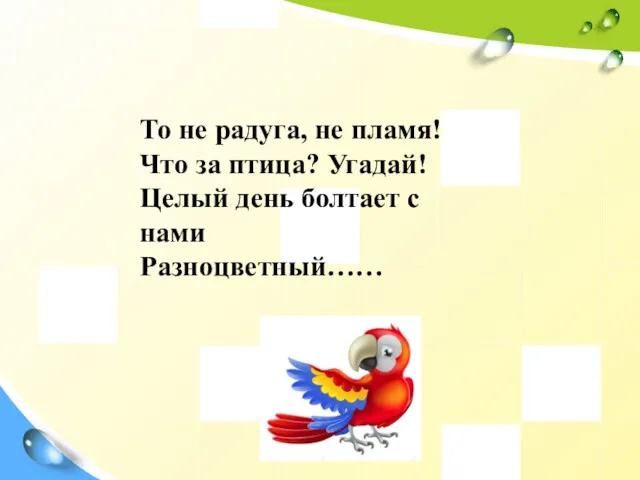 То не радуга, не пламя! Что за птица? Угадай! Целый день болтает с нами Разноцветный……