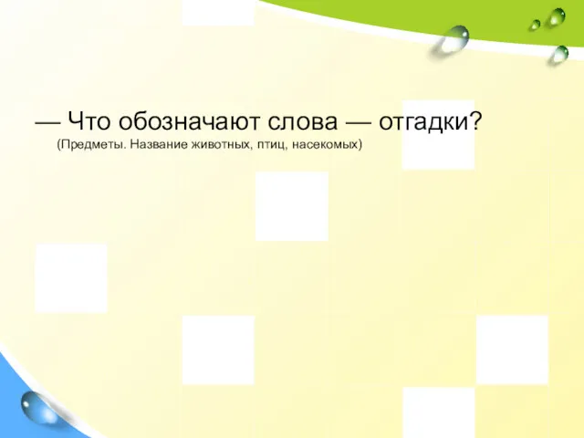 — Что обозначают слова — отгадки? (Предметы. Название животных, птиц, насекомых)