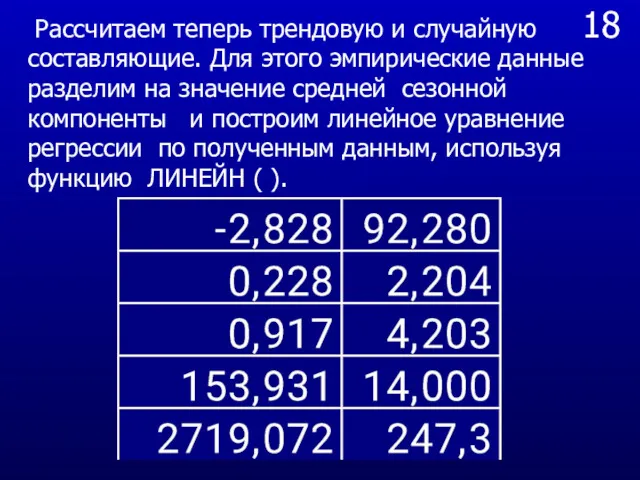 18 Рассчитаем теперь трендовую и случайную составляющие. Для этого эмпирические