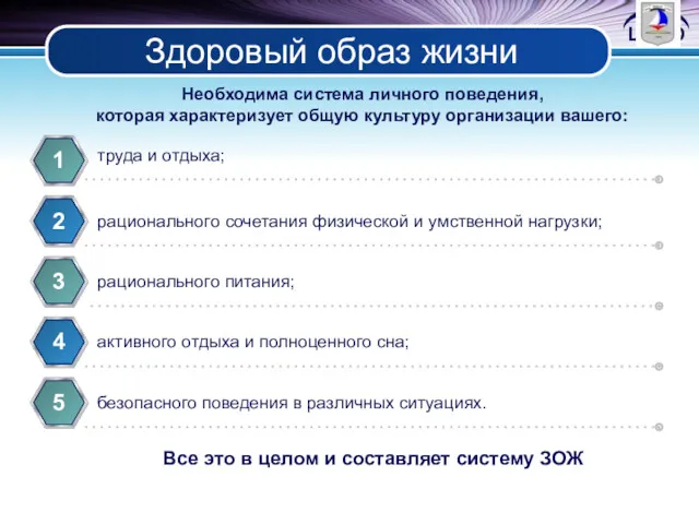 Здоровый образ жизни труда и отдыха; 1 рационального сочетания физической