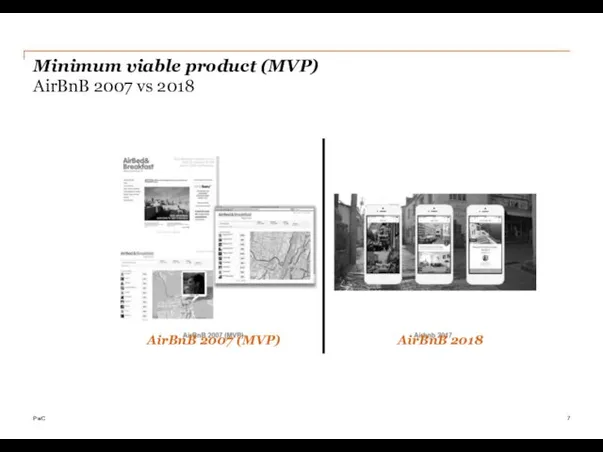 Minimum viable product (MVP) AirBnB 2007 vs 2018 AirBnB 2007 (MVP) PwC AirBnB 2018