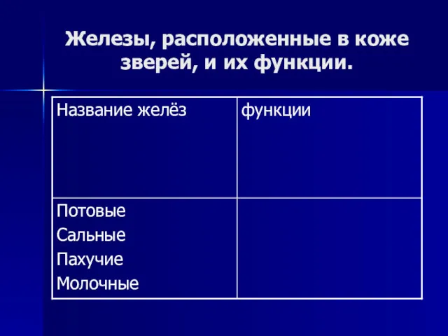 Железы, расположенные в коже зверей, и их функции.