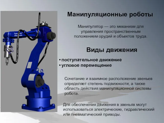 Манипулятор — это механизм для управления пространственным положением орудий и