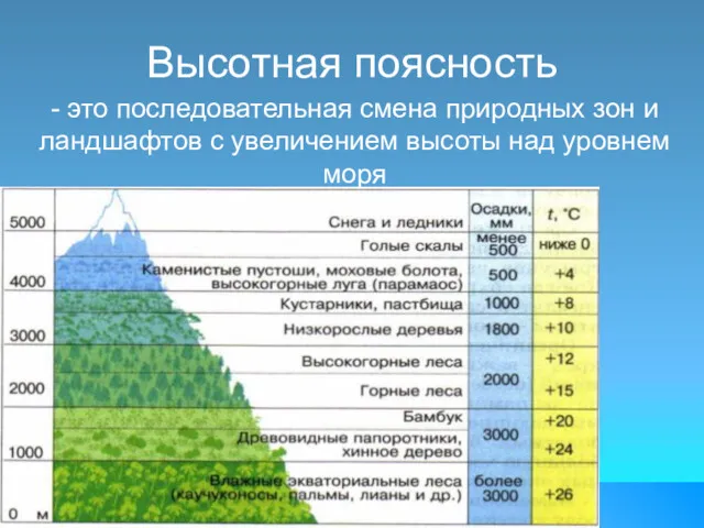Высотная поясность - это последовательная смена природных зон и ландшафтов с увеличением высоты над уровнем моря