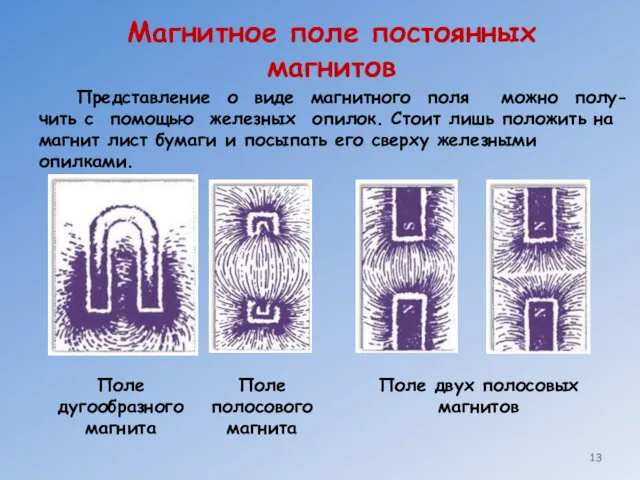 Магнитное поле постоянных магнитов Представление о виде магнитного поля можно