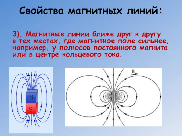 Свойства магнитных линий: 3). Магнитные линии ближе друг к другу