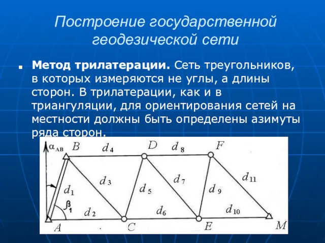 Построение государственной геодезической сети Метод трилатерации. Сеть треугольников, в которых