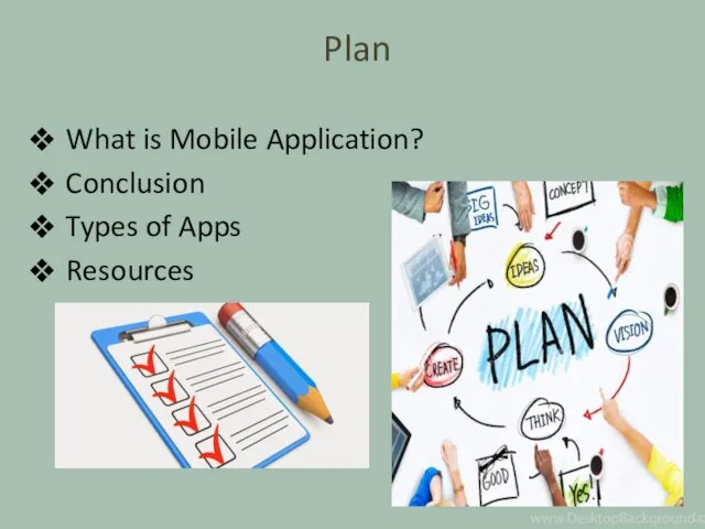 Plan What is Mobile Application? Conclusion Types of Apps Resources