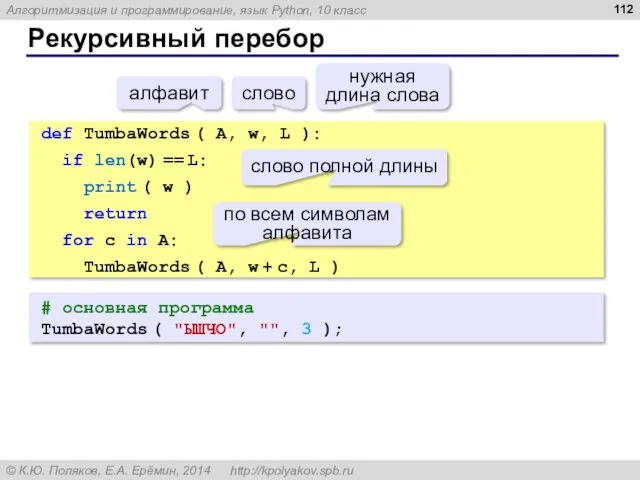 Рекурсивный перебор # основная программа TumbaWords ( "ЫШЧО", "", 3