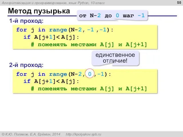 Метод пузырька 1-й проход: for j in range(N-2, -1 ,-1):