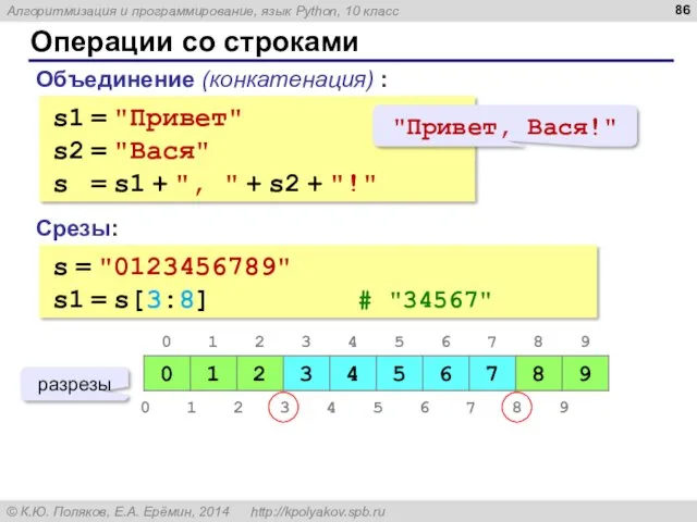 Операции со строками Объединение (конкатенация) : s1 = "Привет" s2