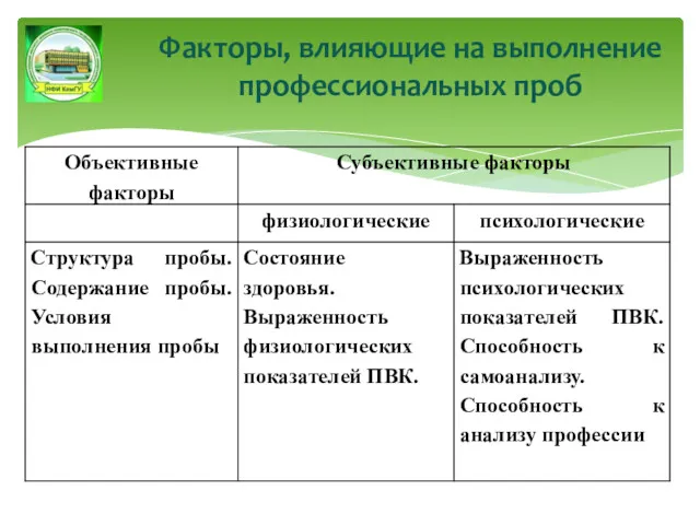 Факторы, влияющие на выполнение профессиональных проб