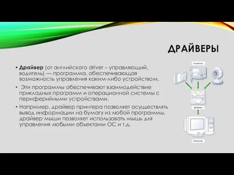 ДРАЙВЕРЫ Драйвер (от английского driver – управляющий, водитель) — программа,