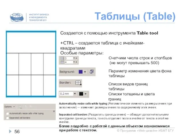 Таблицы (Table) Создается с помощью инструмента Table tool +CTRL –
