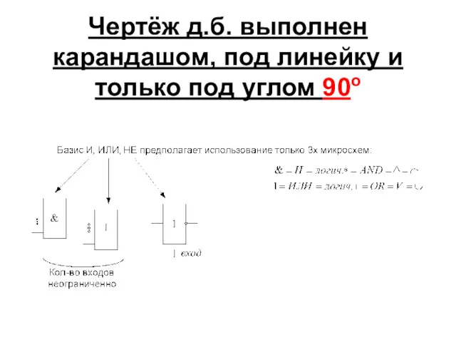 Чертёж д.б. выполнен карандашом, под линейку и только под углом 90о