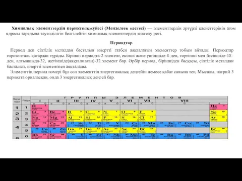 Химиялық элементтердің периодтықжүйесі (Менделеев кестесі) — элементтердің әртүрлі қасиеттерінің атом