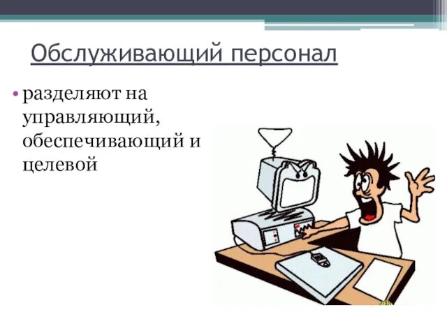 Обслуживающий персонал разделяют на управляющий, обеспечивающий и целевой