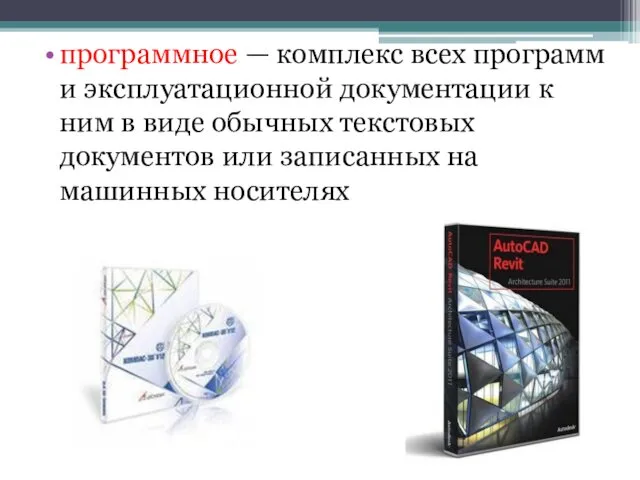 программное — комплекс всех программ и эксплуатационной документации к ним в виде обычных