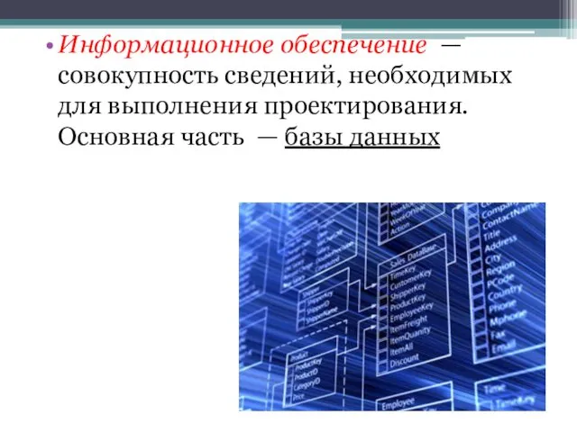 Информационное обеспечение — совокупность сведений, необходимых для выполнения проектирования. Основная часть — базы данных