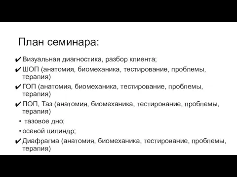 План семинара: Визуальная диагностика, разбор клиента; ШОП (анатомия, биомеханика, тестирование,