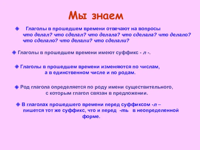 Мы знаем Глаголы в прошедшем времени отвечают на вопросы что