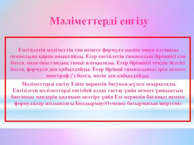 Мәліметтерді енгізу Енгізілетін мәліметтің сан немесе формула екенін оның алғашкы