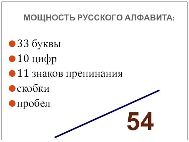 МОЩНОСТЬ РУССКОГО АЛФАВИТА: 33 буквы 10 цифр 11 знаков препинания скобки пробел 54