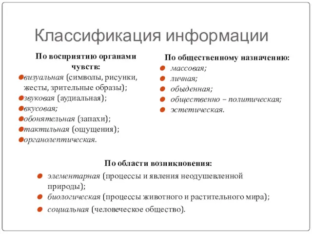 Классификация информации По восприятию органами чувств: визуальная (символы, рисунки, жесты,