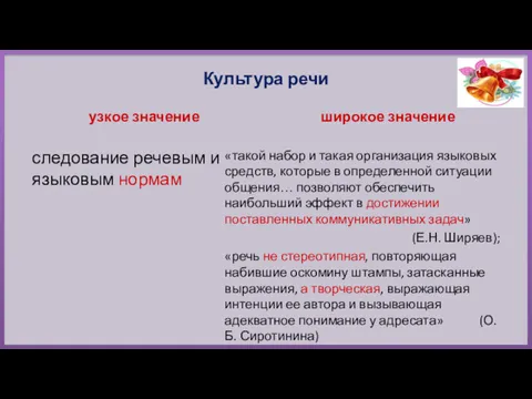 Культура речи узкое значение следование речевым и языковым нормам широкое