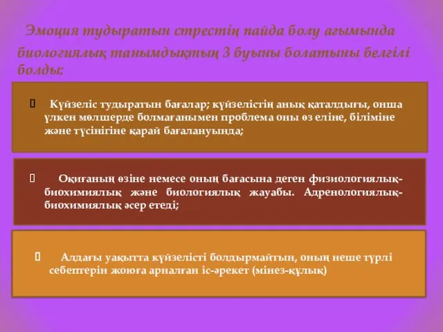 Эмоция тудыратын стрестің пайда болу ағымында биологиялық танымдықтың 3 буыны болатыны белгілі болды: