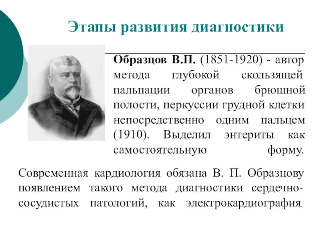 Образцов В.П. (1851-1920) - автор метода глубокой скользящей пальпации органов брюшной полости, перкуссии