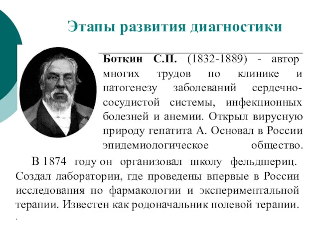 Боткин С.П. (1832-1889) - автор многих трудов по клинике и патогенезу заболеваний сердечно-сосудистой