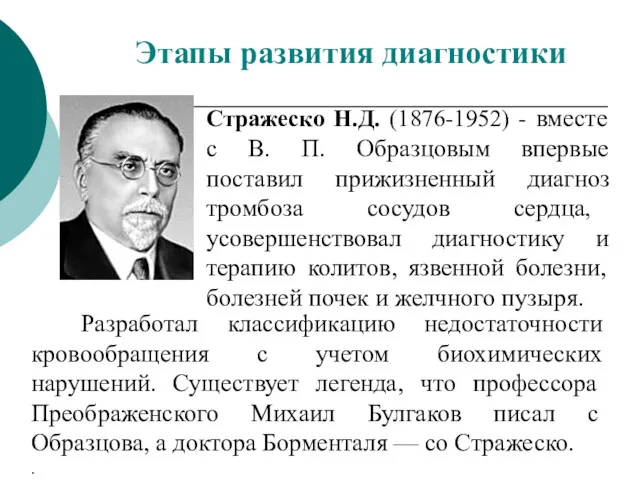 Стражеско Н.Д. (1876-1952) - вместе с В. П. Образцовым впервые поставил прижизненный диагноз