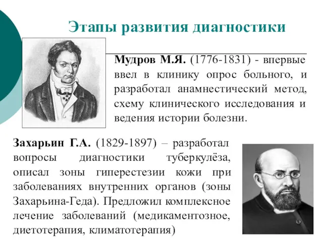 Мудров М.Я. (1776-1831) - впервые ввел в клинику опрос больного, и разработал анамнестический