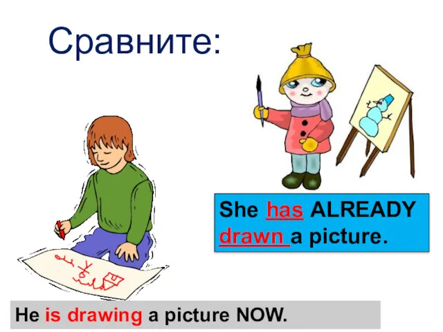 Сравните: He is drawing a picture NOW. She has ALREADY drawn a picture.