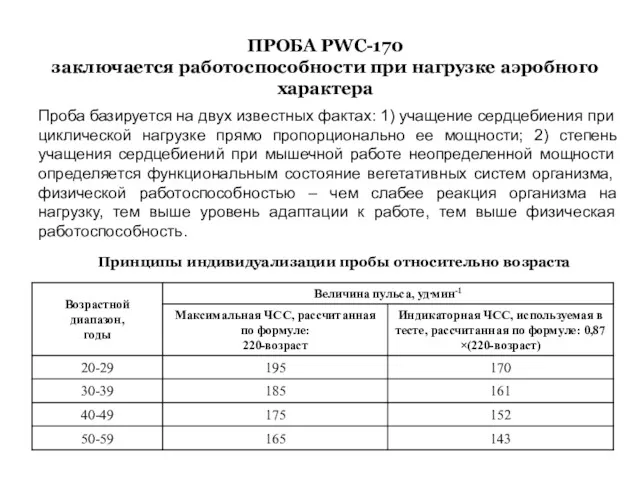 ПРОБА PWC-170 заключается работоспособности при нагрузке аэробного характера Проба базируется