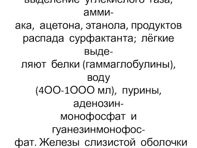 Газообмен в лёгких обеспечивает выделение углекислого газа, амми- ака, ацетона,