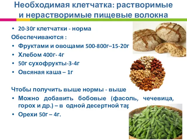 20-30г клетчатки - норма Обеспечиваются : Фруктами и овощами 500-800г–15-20г