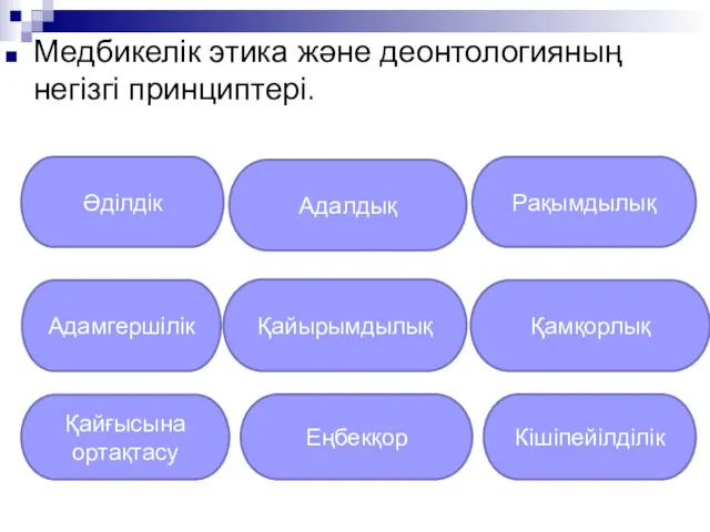 Медбикелік этика жəне деонтологияның негізгі принциптері. Əділдік Адалдық Рақымдылық Адамгершілік Қайырымдылық Қамқорлық Қайғысына ортақтасу Еңбекқор Кішіпейілділік