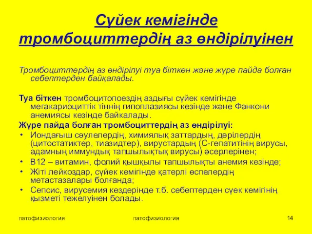 патофизиология патофизиология Сүйек кемігінде тромбоциттердің аз өндірілуінен Тромбоциттердің аз өндірілуі